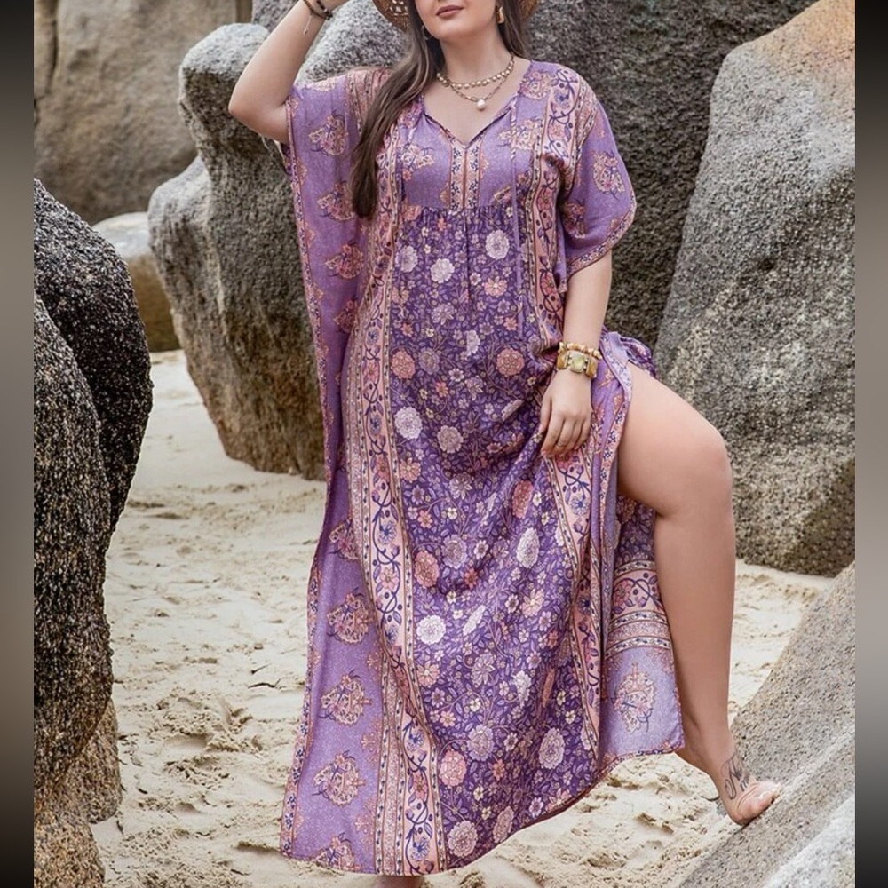 Boho Floral Print Slit Batwing Sleeve Kimono Dress - Picture 1 of 7